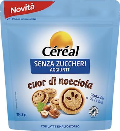 CÉRÉAL SENZA ZUCCHERI Cuor di Nocciola, Biscotti senza zuccheri aggiunti, Con crema di nocciola e cacao, Confezione salva freschezza, 180gr