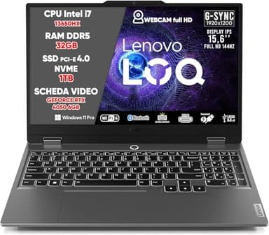 Lenovo Pc Gaming, Notebook Gaming i7 13650HX, 32 GB RAM DDR5, SSD 1TB, GeForce RTX 4050 6GB, DISPLAY IPS 15,6" FHD 144Hz G-SYNC, Laptop Gaming Tastiera Retroilluminata, Wi-Fi 6, Thunderbolt