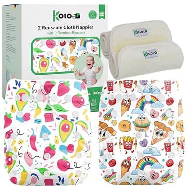 Kolo – Set 2 Pannolini Lavabili Riutilizzabili per Neonati e Bambini + 2 Inserti Assorbenti in Bambù | Taglia Regolabile, Unisex, 100% Ecologici | Fantasia HappyFood