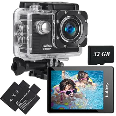 Jadfezy Action Cam 1080P con scheda da 32 GB, Macchina Fotografica Subacquea impermeabile 30M, Fotocamera Subacquea con Due 900mAh Batterie Ricaricabili e Kit Accessori(Nuovo 2025)