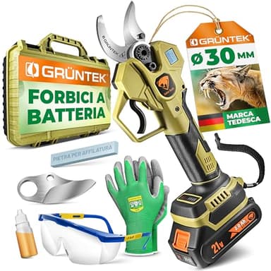 GRÜNTEK Forbici da Potatura Elettriche. Cesoie da Giardinaggio a Batteria Professionale fino a Ø 30 mm. Troncarami con Lama SK5, Motore Brushless, Display LCD, Valigetta + Guanti & Occhiali.