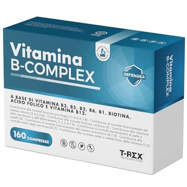 T-Rex Integratori, Vitamina B Complex 160 Compresse Vegan (5 Mesi di Fornitura) - Alto Dosaggio di Vitamina B12, Acido Folico, Biotina, Niacinamide - Difese Immunitarie Per Uomo, Donna e Ragazzi