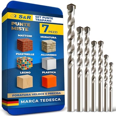S&R 7 Punte Trapano per Muratura, Muro, Cemento. Set di Punte Miste per Ferro Metallo, Legno, Ceramica. Punte a Percussione con Attacco Rotondo.
