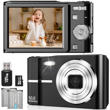 FAYIBUY Macchina Fotografica Digitale 50MP 1080P FHD, Zoom Digitale 16X, Ricaricabile, Scheda da 32GB, Nero