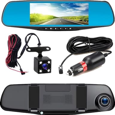 ClaShop Full HD dash cam per specchietto retrovisore con telecamera per la retromarcia con visione notturna, registrazione in loop e display da 4,3 pollici, 170° 120° posteriore, doppia auto 1080P