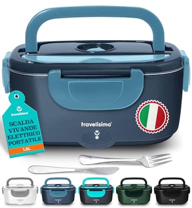 TRAVELISIMO Scaldavivande Elettrico Portatile 100W 1,5L Porta Pranzo Termico 220V/12V/24V Schiscetta Pranzo Riscaldabile per Viaggio e Lavoro Portavivande Termico & Porta Pranzo Riscaldabile