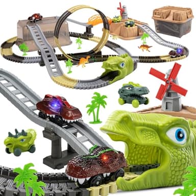 TUMAMA Pista Da Corsa Dinosauro Macchinine Elettrica a 360 Loops, 255 Pezzi Trenino Elettrico e Ferrovie Per Bambini 3 5 6 9 Anni Con 2 Auto, Set Di Pista Macchine Dino Giocattolo, Camion Cars Giochi