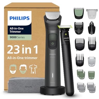 Philips Rifinitore All-in-one Multigroom Serie 9000 23 in 1 - Rasoio + Rifinitore uomo OneBlade - Set completo per viso, testa e corpo, 27 impostazioni di lunghezza (0,2-20 mm), Modello MG9561/30
