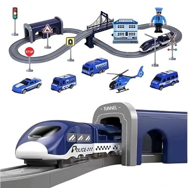 BASAMOU Trenino Elettrico per Bambini 3 4 5 6 7 8 Anni Treno Giocattolo Pista Macchinine, Bambini Giochi Pista da Corsa, Giocattolo educativo Bambino Regalo Compleanno, Natale (Auto della Polizia)