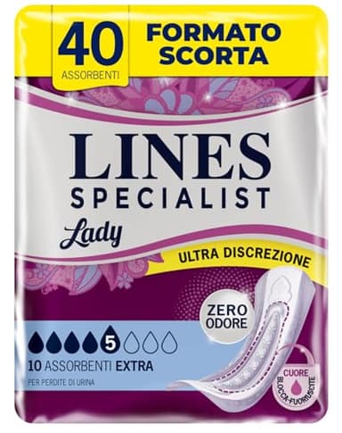 Lines Specialist Lady Extra, Assorbenti per Incontinenza Donna, con Tecnologia Zero Odore e Barriere Laterali Protettive, Scorta Mensile, 4 Confezioni da 10 Unità