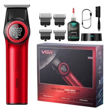 VGR 977 Tagliacapelli Professionale da Uomo, 8000 Giri/min T-Blade Tagliacapelli senza Fili a Distanza Zero Parrucchieri Ricaricabili con Display LED, Rosso
