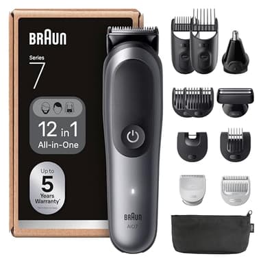 Braun Rifinitore All-In-One Series 7, Rasoio Elettrico Barba 12In1, Taglia Peli Naso E Orecchie, Macchinetta Per Capelli, Lama ProBlade, Tecnologia AutoSense, Wet&Dry, AIO7545, Grigio