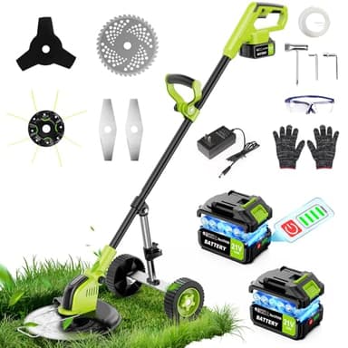 Decespugliatore a Batteria 21V, Tagliabordi a Batteria Brushless con 2 Batterie 3,0Ah, 4 Tipi di Lame, Ruote Rimovibili, Motore Senza Spazzole, Diametro di Taglio di 12 Pollici, per Giardino Potatura