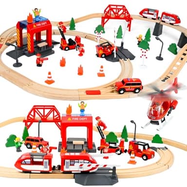 Joellfuner Set di 69 Pcs Binari Trenino Legno, Trenino Elettrico Bambini con Pista Treno in Legno, Giocattoli Treno Elettrico Compatibile con le Principali Marche, Regali di Compleanno e di Natale