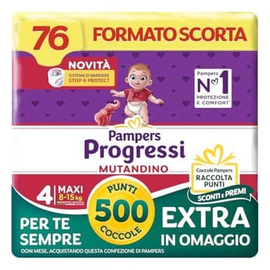 Pampers Progressi Mutandino Maxi, Taglia 4 (8-15 kg), Formato Scorta, Barriera Stop&Protect, Pelli Delicate, Rimozione Facile, Senza Linguette, Cambio Veloce, 76 Pannolini Bambino + 500 Punti Omaggio