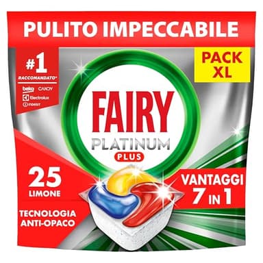 Pastiglie Per Lavastoviglie Fairy Platinum Plus Tutto In Uno Limone, 25 Capsule, La Migliore Pulizia Fairy Come Nuovo, Rimuove L’opacità E Previene Il Calcare