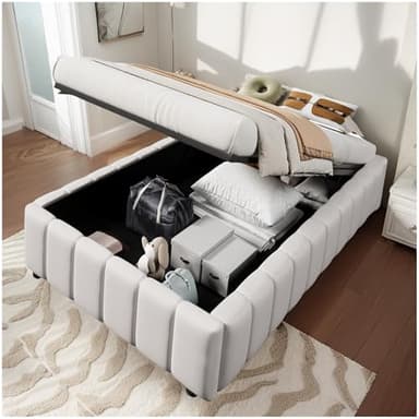 Wyibwy Letto singolo, 90x200 cm, con giroletto contenitore idraulico, senza testata, letto imbottito, lino beige, (senza materasso)