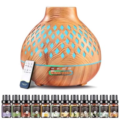 AESHORY Diffusore di Oli Essenziali, 550 Ml Umidificatore Ambiente con Con Set di 12 X 5 Ml Olio Essenziale, Diffusore Profumatore per Ambienti con Telecomando, 4 Timer e 7 Colori Led