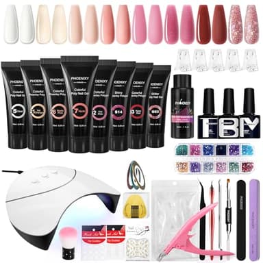 Kit Unghie Gel Completo, Phoenixy 8 Colori Rosa Gel Ricostruzione Unghie con Lampada per Unghie 36W U V/LED, Kit Ricostruzione Unghie Professionale con Base y Top Coat