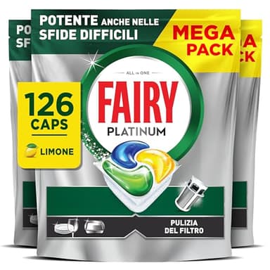 Fairy Platinum Detersivo Pastiglie Lavastoviglie, Brillantante, 126 Capsule Lavastoviglie, Limone, con Sistema Di Prelavaggio Integrato, Efficace nelle Sfide Difficili Contro lo Sporco