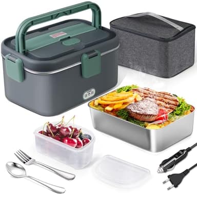 AUTOPkio Scaldavivande Elettrico 1.8L 80W, 12V/24V/220V Grande Lunch Box con Borsa e Acciaio Inox Forchetta Cucchiaio per Auto Camion Ufficio