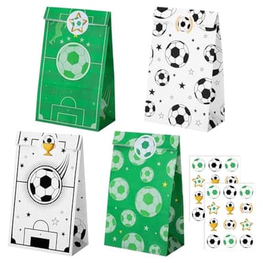 woric 20 sacchetti di carta da calcio, 4 stili, per feste di compleanno, con 24 adesivi per feste di compleanno, per bambini, feste a tema