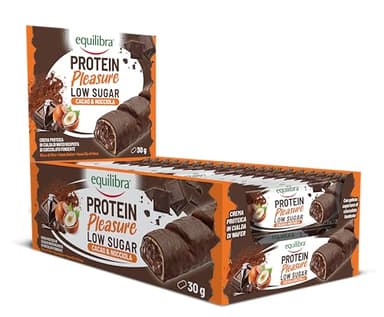 Equilibra Alimenti Proteici, Protein Pleasure Cacao & Nocciola, Barretta Proteica Ricoperta di Cioccolato, Low Sugar, High Protein, Senza Glutine, Senza Olio di Palma, 20 Barrette da 30 g