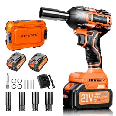 Protmex Avvitatore a Impulsi Senza Filo, 700 Nm di Coppia Massima, Chiave a Percussione 1/2" ad Alta Potenza con 2 Batterie da 2 x 4,0 Ah e Caricabatterie, Adatto per Uso Domestico e Auto.