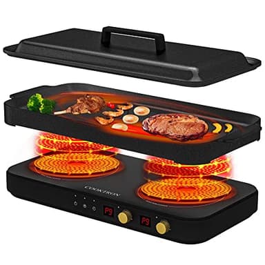 COOKTRON - Piano cottura a induzione portatile, 2 bruciatori con ferro rimovibile, antiaderente e piano cottura a doppia induzione da 1800 W, con tempo di sicurezza per bambini, ideale per di famiglia