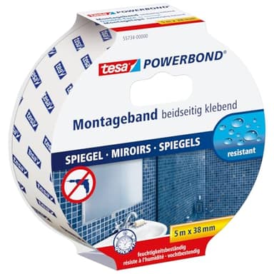 Tesa Powerbond Specchi - Nastro Biadesivo per Specchi - Nastro Adesivo Resistente All'Umidità, Adatto per Docce e Bagni - 5 m x 38 mm