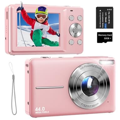 Fotocamera Digitale 44MP 1080P FHD Macchina Fotografica Digitale Compatta con Zoom 16X, Schermo da 2,4",Scheda da 32GB, Una Batteria per Adolescenti, Bambini e Principianti Rosa