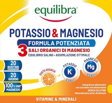 Equilibra, Potassio e Magnesio 3 Formula Potenziata, Integratore con 3 sali organici di Magnesio e 2 sali di Potassio per Reintegro Sali Minerali, Gusto Arancia, 20 Bustine