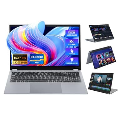 PC Portatile 15,6 Pollici con 2 in 1, Computer Portatile 16GB RAM SSD 1TB SSD Notebook Ryzen 3-3200U, Scheda Grafica Radeon, Laptop Touchscreen Girevole 360°, Wi-Fi5, BT5.1, RJ45, HDMI, Type-C