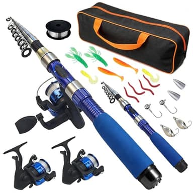 Set da Canna da Pesca Telescopica, 2 Telescopiche Canne da Pesca 1,9m con 2 5.2:1 Mulinelli da Spinning Scatola Porta Attrezzi e Custodia per il Trasporto per la Pesca in Dolce e Acqua Salata