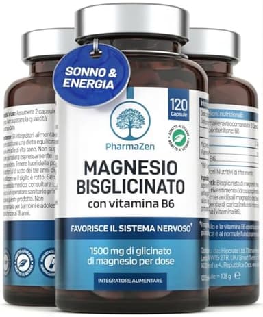 Magnesio Bisglicinato 1500 mg con Vitamina B6 – Supporta Sistema Nervoso, Stress e Stanchezza – Alto Dosaggio 300 mg di Magnesio Puro – 120 Capsule – Integratore Glicinato Chelato – Vegano – PharmaZen