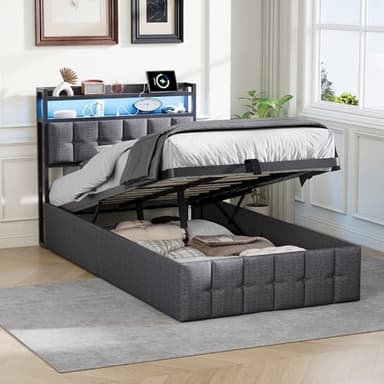 Poeahu Letto baule 90 x 200 con illuminazione a LED e USB, letto singolo con contenitore idraulico e testata per letti, letti singoli con doghe per 1 persone, imbottito telaio, senza materasso