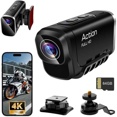 SecuraLen Action Cam 4K WiFi, Stabilizzazione a Doppia Lente Telecamera Moto, Registrazione di 6 Ore Telecamera Casco Moto con Scheda MicroSD da 64 GB