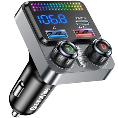 GizmoVine Trasmettitore FM per Auto, 48W Adattatore Bluetooth 5.4, 3 Porte Ricarica (PD 30W + QC3.0 18W), Musica Wireless, Basso Profondo, Chiamate Hands-Free, Assistente Vocale