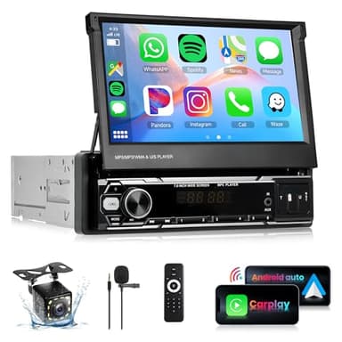 Rimoody Autoradio 1 Din Wireless Carplay Android Auto con 7 Pollici HD Schermo Touchscreen Ribaltabile Autoradio con Bluetooth GPS Navi Mirror Link FM/AM/RDS Radio TF/USB/AUX Telecamera Posteriore