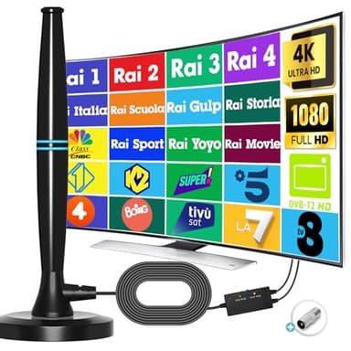 Yowrepu Antenna TV Interna Amplificata Potente e Portatile - Antenna Portatile per 4K Smart TV, Riceve Segnali DVB-T/T2 Digitale Terrestre, con Base Magnetica, 5m di Cavo Coassiale e Maschio Tipo F