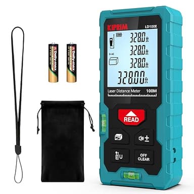 Metro Laser Professionale 100M,Kiprim Misuratore Laser Portatile con Retroilluminazione LCD, 2 Bolle d'aria, Funzione Muto e Funzione di Auto-Calibrazione, Misure di Distanza/Area/Volume/4 Pitagoriche