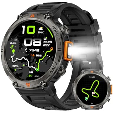 GPS Smartwatch Militare Uomo Impermeabile 3ATM con Torcia LED Bussola, 1,45" HD Rugged Smartwatch Orologio con Chiamate Bluetooth, Fitness Watch con Cardiaca SpO2 Notifiche WhatsApp per Android iOS