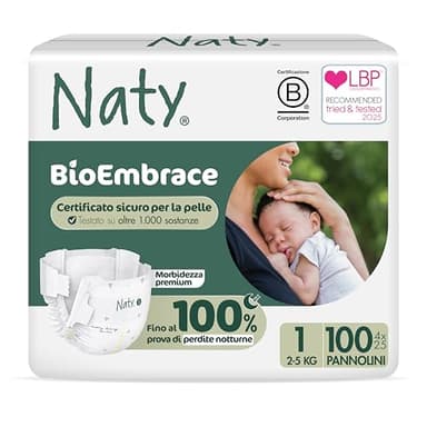 Naty BioEmbrace Pannolini Neonato | Certificati per pelle sensibile | Protezione anti-perdite fino al 100% | Morbidezza vegetale | Senza profumo & cloro | Taglia 1 (2–5 kg), 100 pz