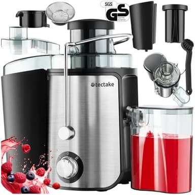 tectake® Estrattore di Succo, 2 Velocità, Acciaio Inossidabile, Potente Centrifuga per Frutta e Verdura, Estrattore Frutta e Verdura con Spegnimento Automatico, 600W - Argento