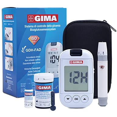 GIMA Misuratore Glicemia Glucometro Kit Completo Per Il Controllo e Il Monitoraggio Del Glucosio Nel Sangue Con 10 Strisce Soluzione Di Controllo 10 Lancette Sterili Penna Pungidito, IT,DE,GR,ES