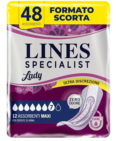 Lines Specialist Lady Maxi, Assorbenti per Incontinenza Donna, con Tecnologia Zero Odore e Barriere Laterali Protettive, Scorta Mensile, 4 Confezioni da 12 Unità