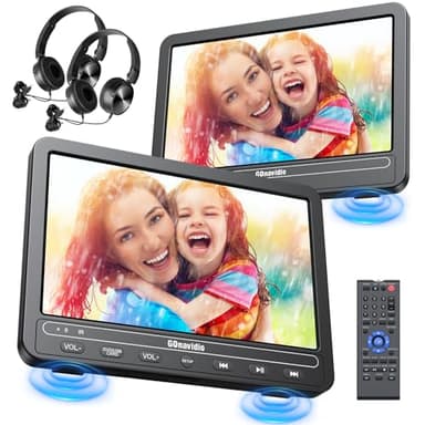 GOnavidio HDMI 10,1" Lettore DVD per auto a doppio schermo per bambini con 2 cuffie, regione libera, 2 schermi auto bambino di 5 ore per viaggi, supporto USB/SD