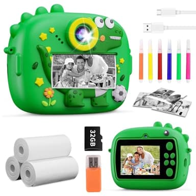 Macchina Fotografica Bambini Dinosauro Istantanea, 2,4 Pollici Digitale Fotocamera Bambini con 32GB Scheda, 48MP/1080P Fotocamera Digitale Bambini Dinosauro, Regali per Ragazzi Ragazze da 3-12 Anni