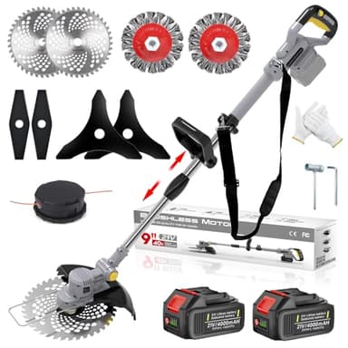 Tagliabordi a Batteria 21V, Decespugliatore a Batteria 4 In 1 con Spazzola per Erbacce e 2 Batterie 4,0 Ah Brushless Tagliaerba Elettrico per Rifinire Giardini, Prati e Arbusti (Grigio)