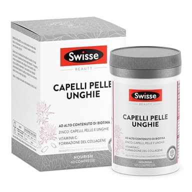 SWISSE Capelli Pelle Unghie - Integratori per Capelli, Pelle e Unghie con Vitamina C Biotina Cardo Mariano, 60 Compresse - Zinco Integratore Capelli, Formazione Collagene e Unghie Sane - Made in Italy